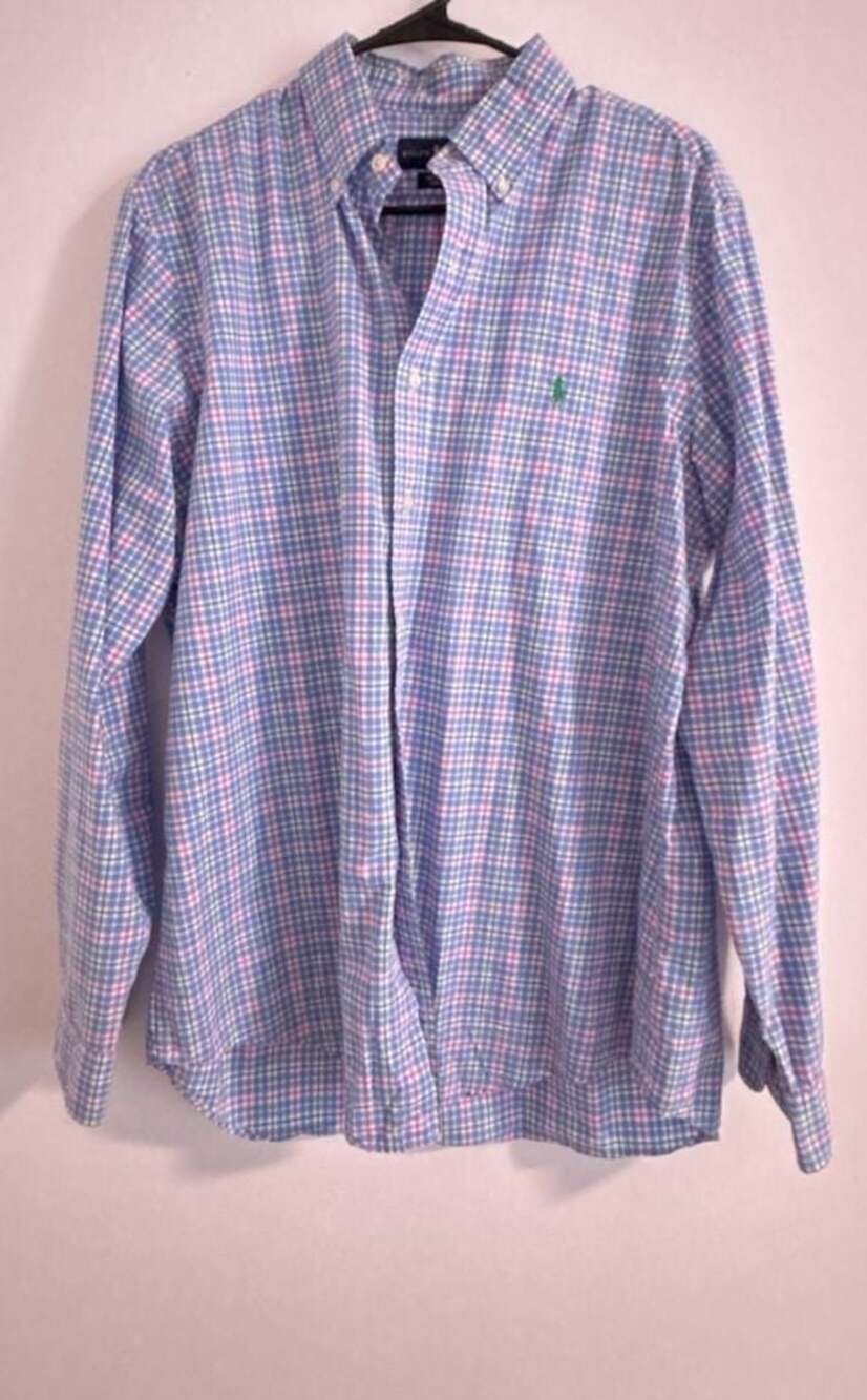 Ralph Lauren 100% Cotton Stretch Blue Plaid Button Down Long Sleeve Shirt